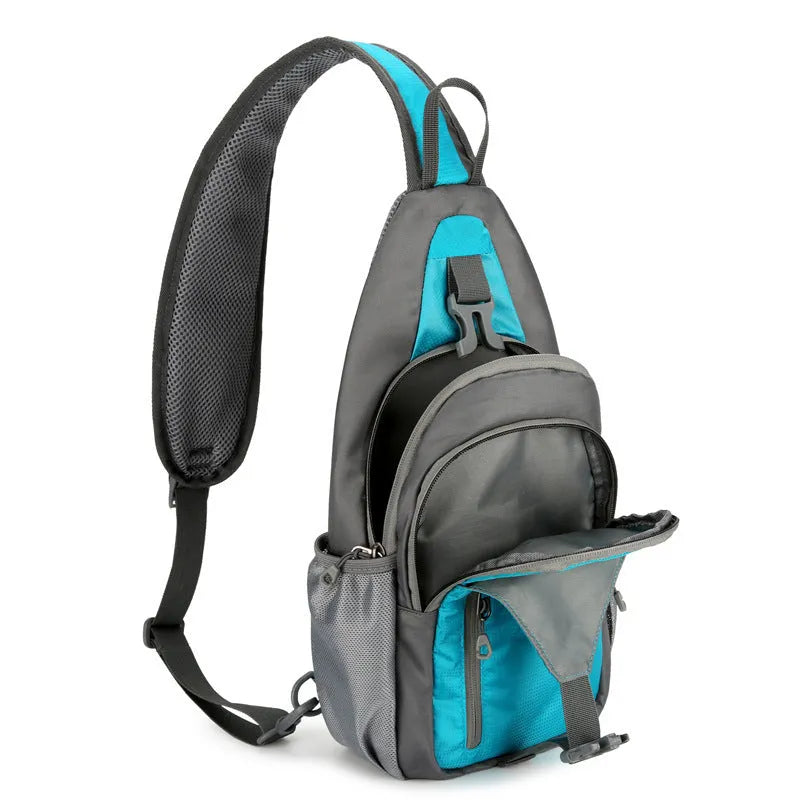 Nylon canvas crossbody chest bag in army green colour with contrast details for outdoor leisure use.