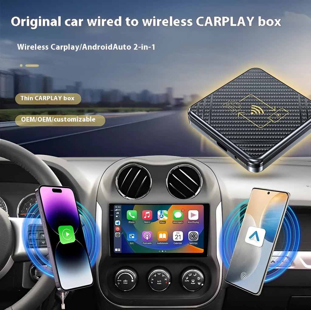 CarPlay to wireless adapter box for Android Auto with USB connection in gold and white colours
