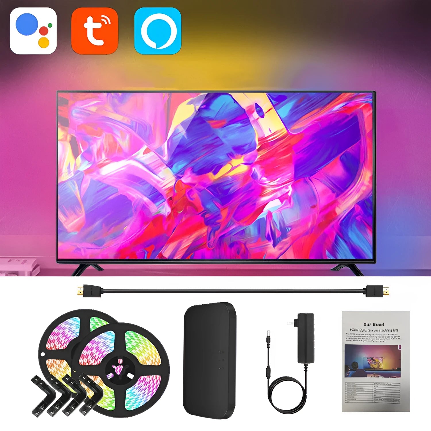 TV sync ambience light streamer with colourful LED backlighting behind television