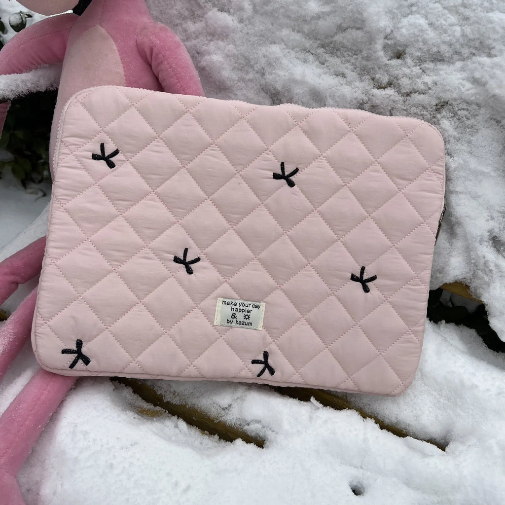 Rhombus embroidered bow notebook storage bag in nylon with device-specific sizing options