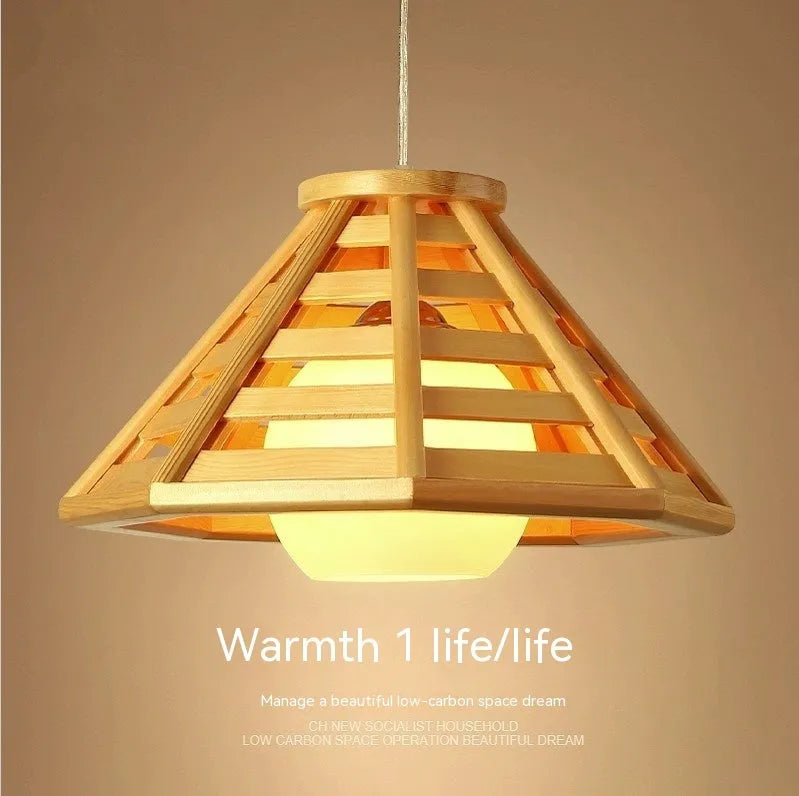 Modern minimalist bamboo woven woodcraft ceiling pendant lamp with LED light, 35cm wood colour