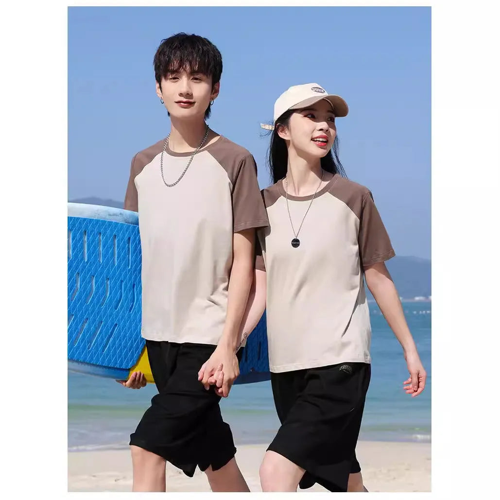 Round neck cotton blend T-shirt in loose pullover style for work printing, shown in a colour option