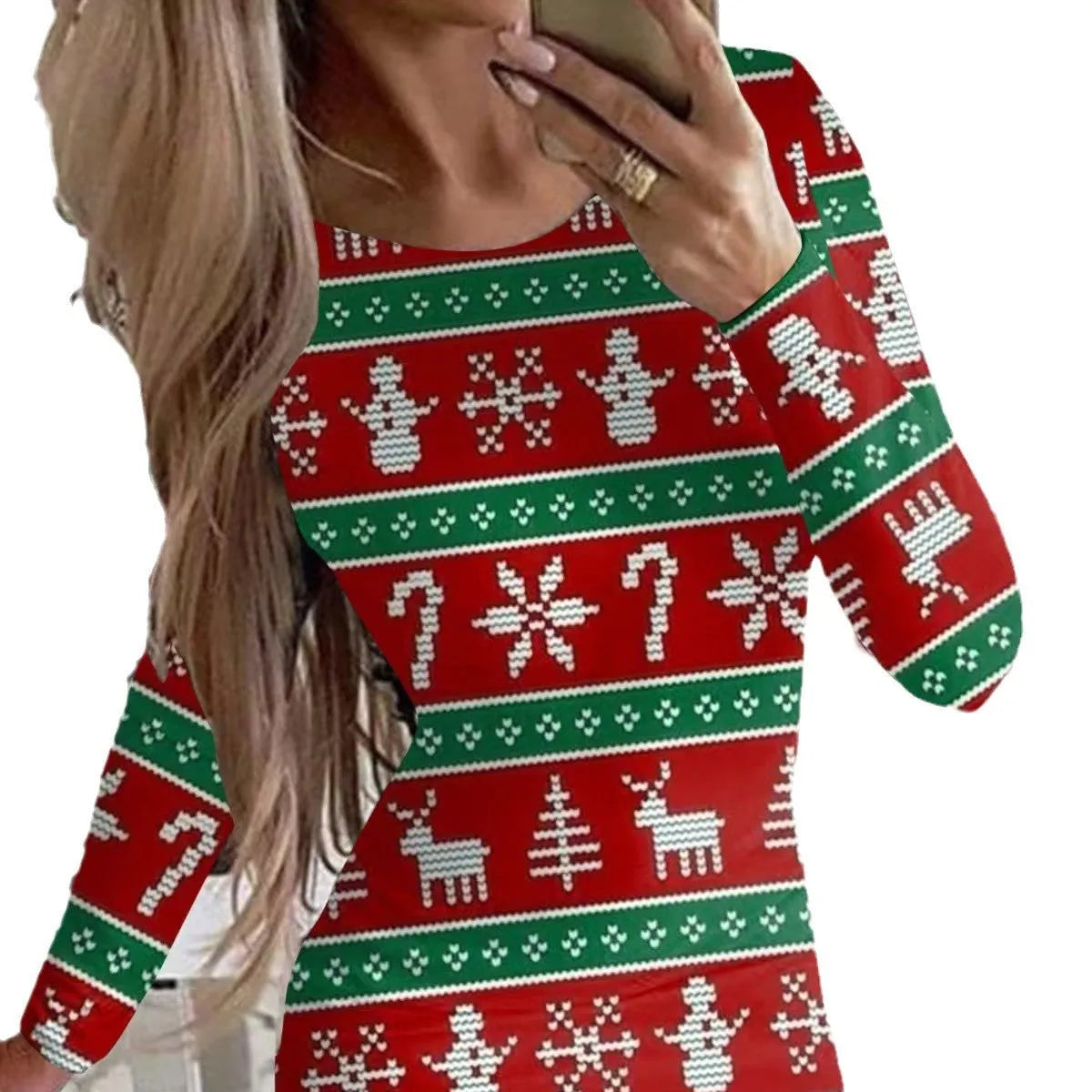 Red Christmas animal print dress with long sleeves and round neck, showing tight-fitting hip skirt design