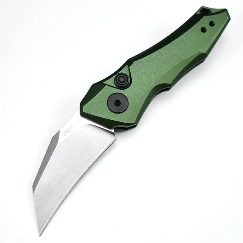 Outdoor folding knife with pocket clip, shown closed, in black, grey, and green colour options.