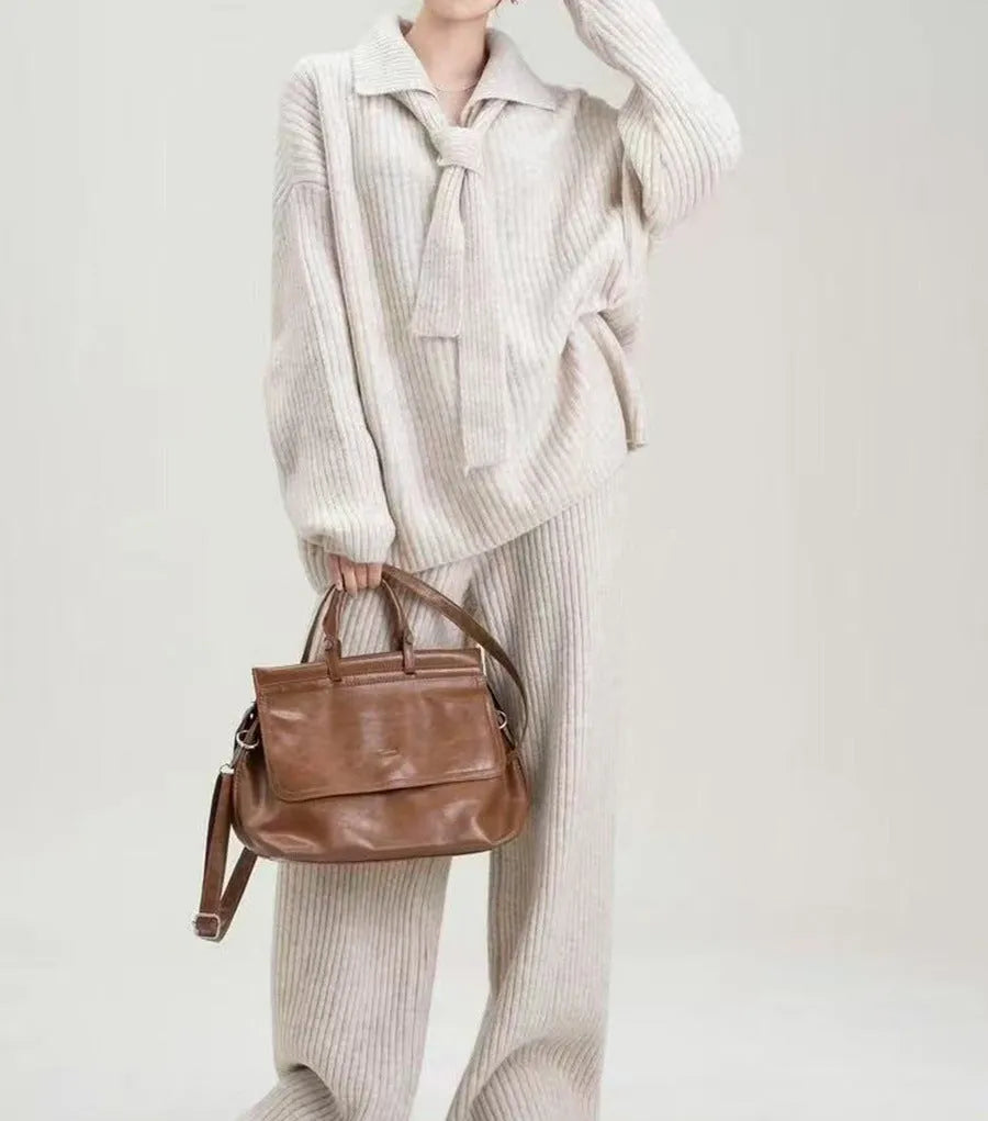 Sweater suit two-piece set with knit top and casual trousers in acrylic fibre imitation cashmere fabric