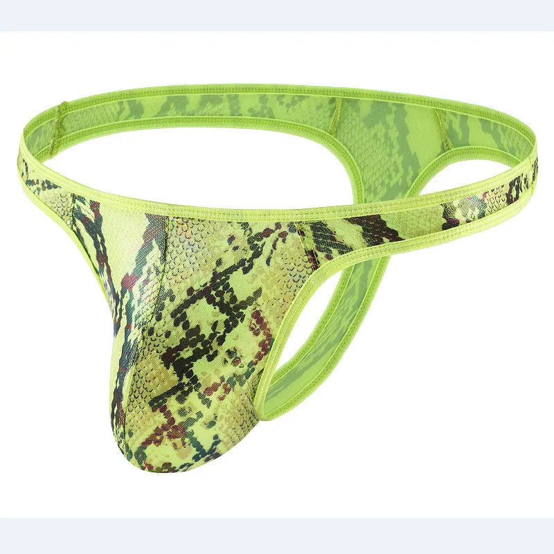 Men's green camouflage snake print thong underwear laid flat, showing low waist and T-back style.