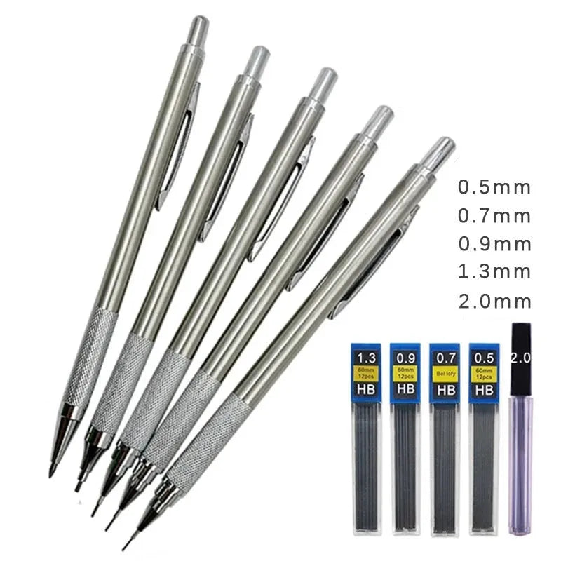 Metal automatic mechanical pencil showing six compatible lead sizes from 0.3mm to 2.0mm