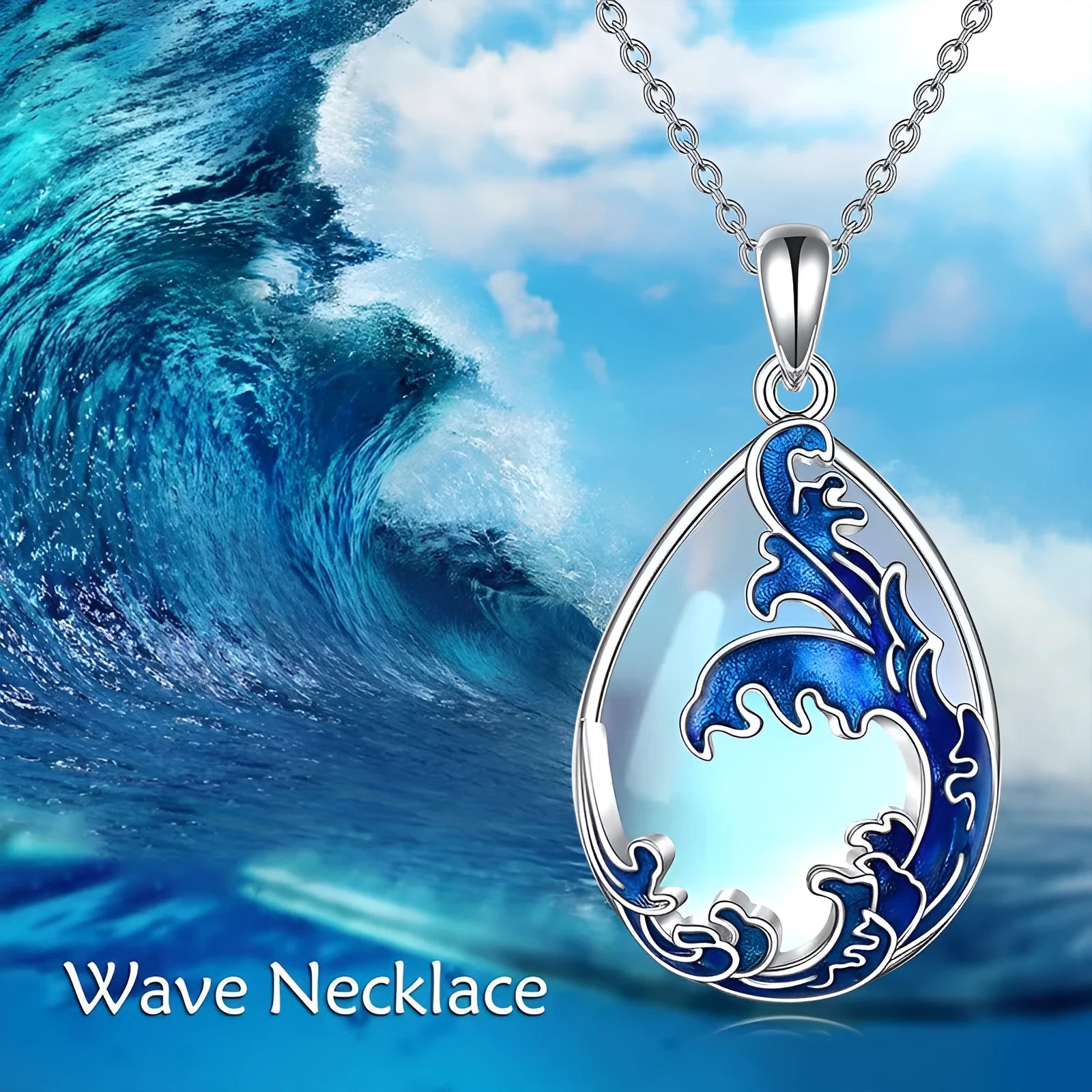 Close-up of a moonstone blue alloy heart pendant necklace on a 20-inch chain.