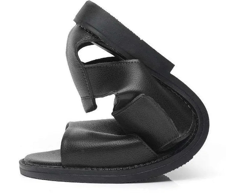 Men's black and brown cowhide leather Roman sandals with open toe and rubber sole.