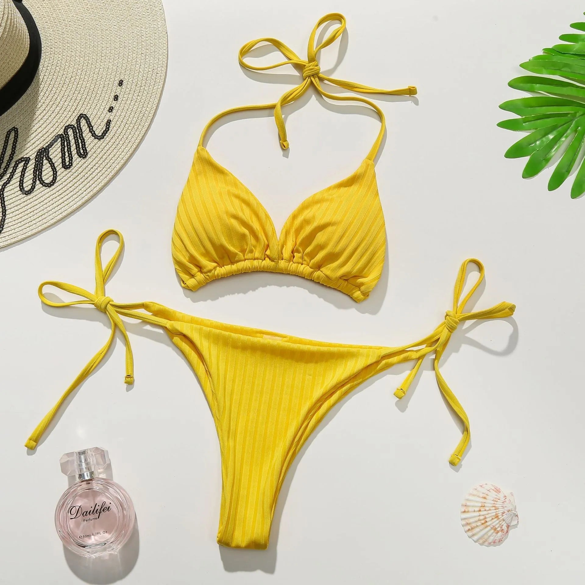Solid colour thread fabric triangle banded bikini swimsuit for women, polyester fibre, yellow and dark green