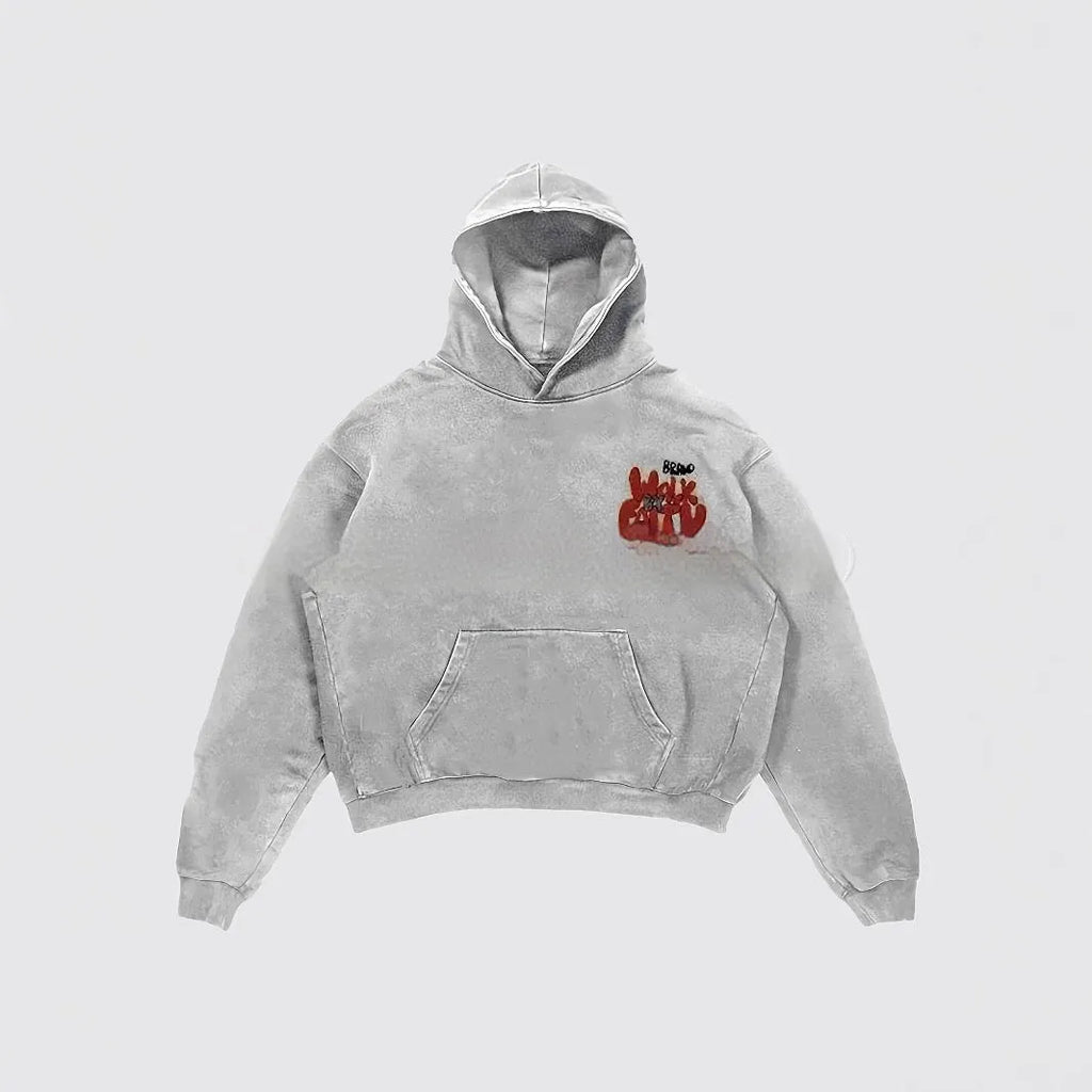 Women's granny grey hoodie with vintage letter print design and front pocket