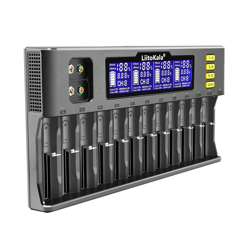 LiitoKala Lii-S12 12-slot black battery charger with LCD screens, holding various rechargeable batteries