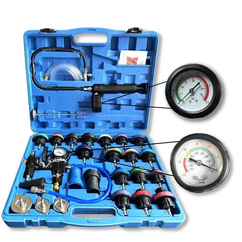 28-piece car water tank pressure leak detector kit in small blue box for cooling system diagnostics