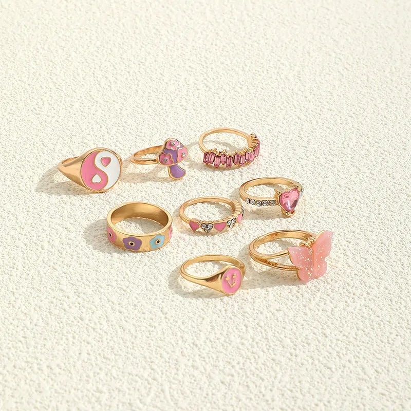European American style colour dripping ring set 8 pieces zinc alloy with plant flower design