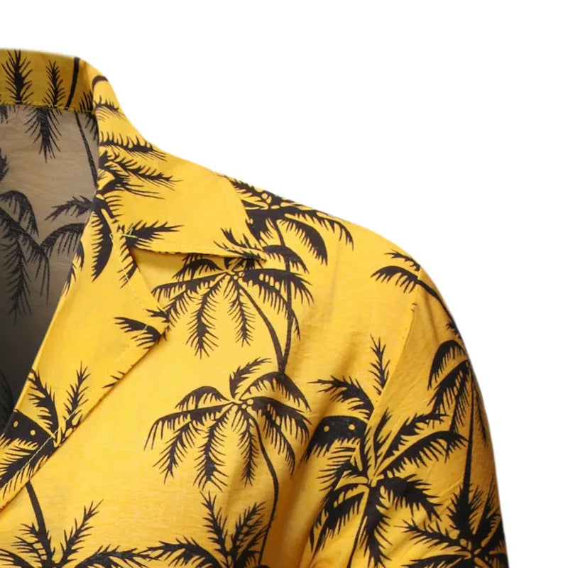 Men's loose lapel print top in light blue, long sleeves, casual polyester shirt