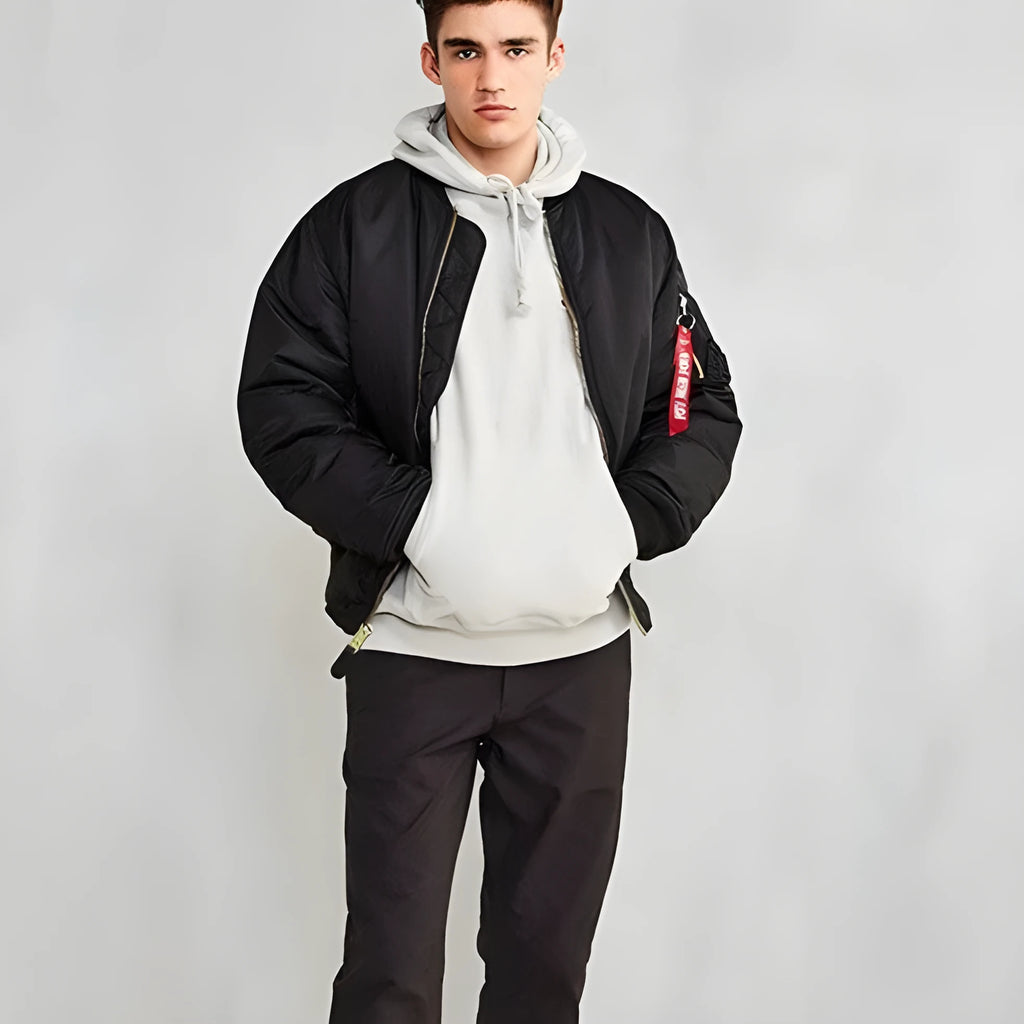 Men's loose fit cotton-padded pilot jacket in Army Green, made from nylon fabric.