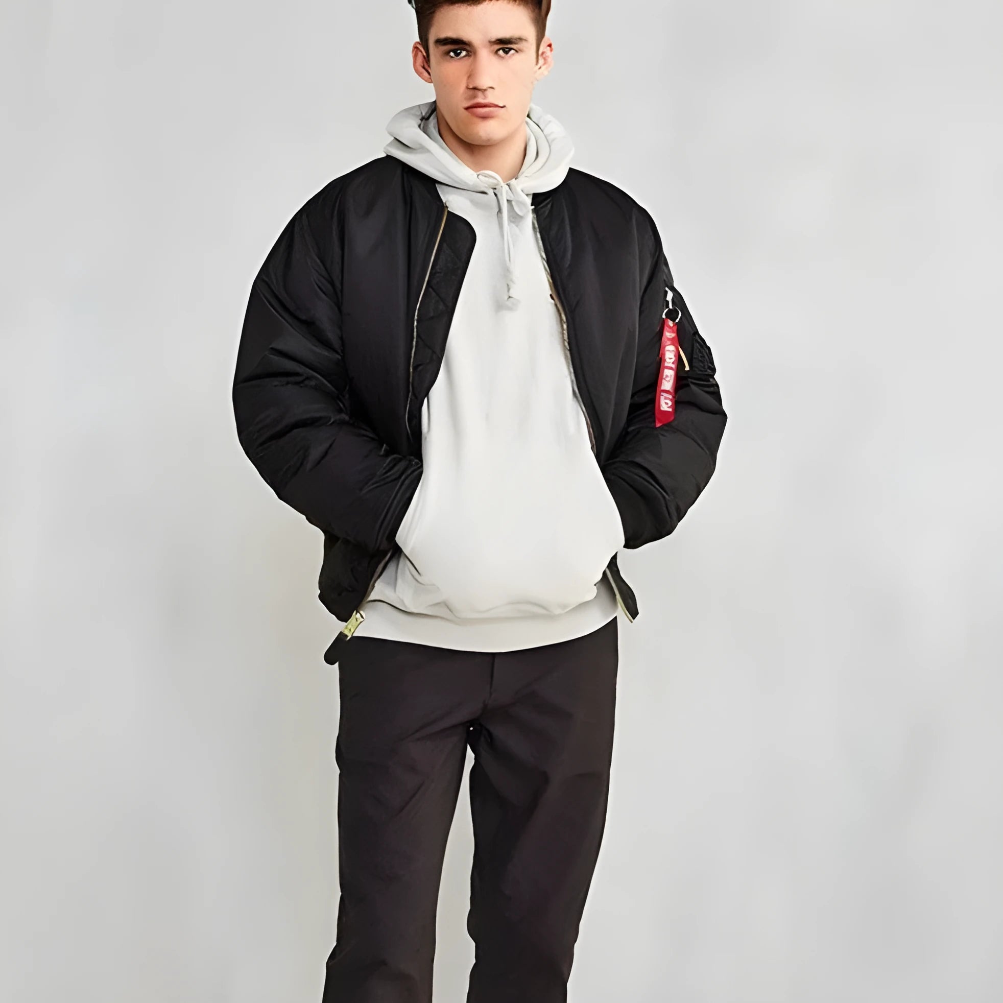 Men's loose fit cotton-padded pilot jacket in Army Green, made from nylon fabric.