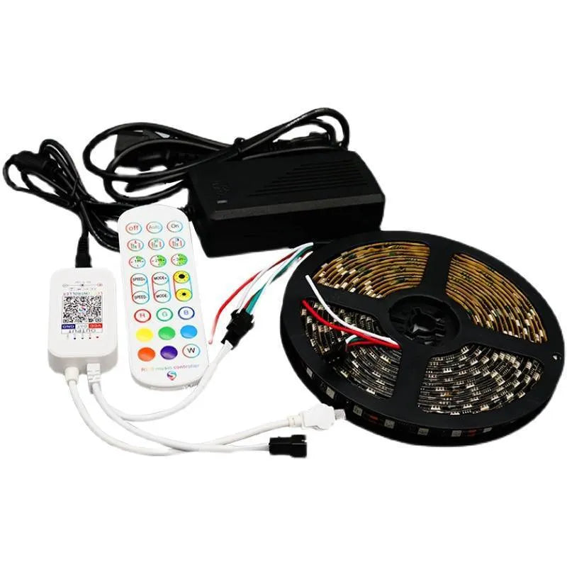 Programmable voice controlled LED strip light in black FPCB with multi-colour lighting effect