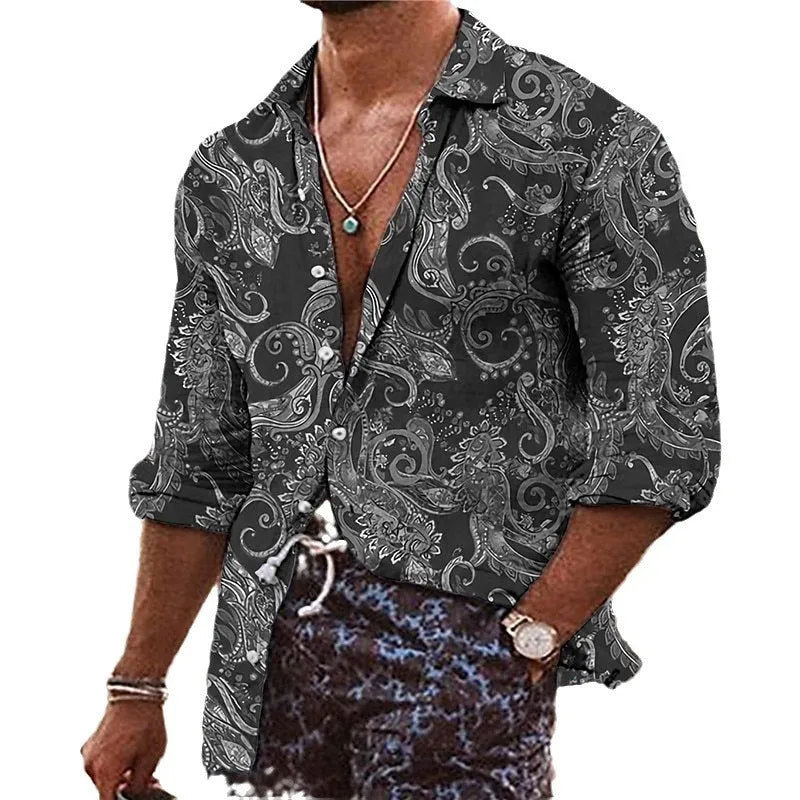 Men's loose-fit long sleeve shirt with 3D floral pattern printing in lightweight polyester fabric