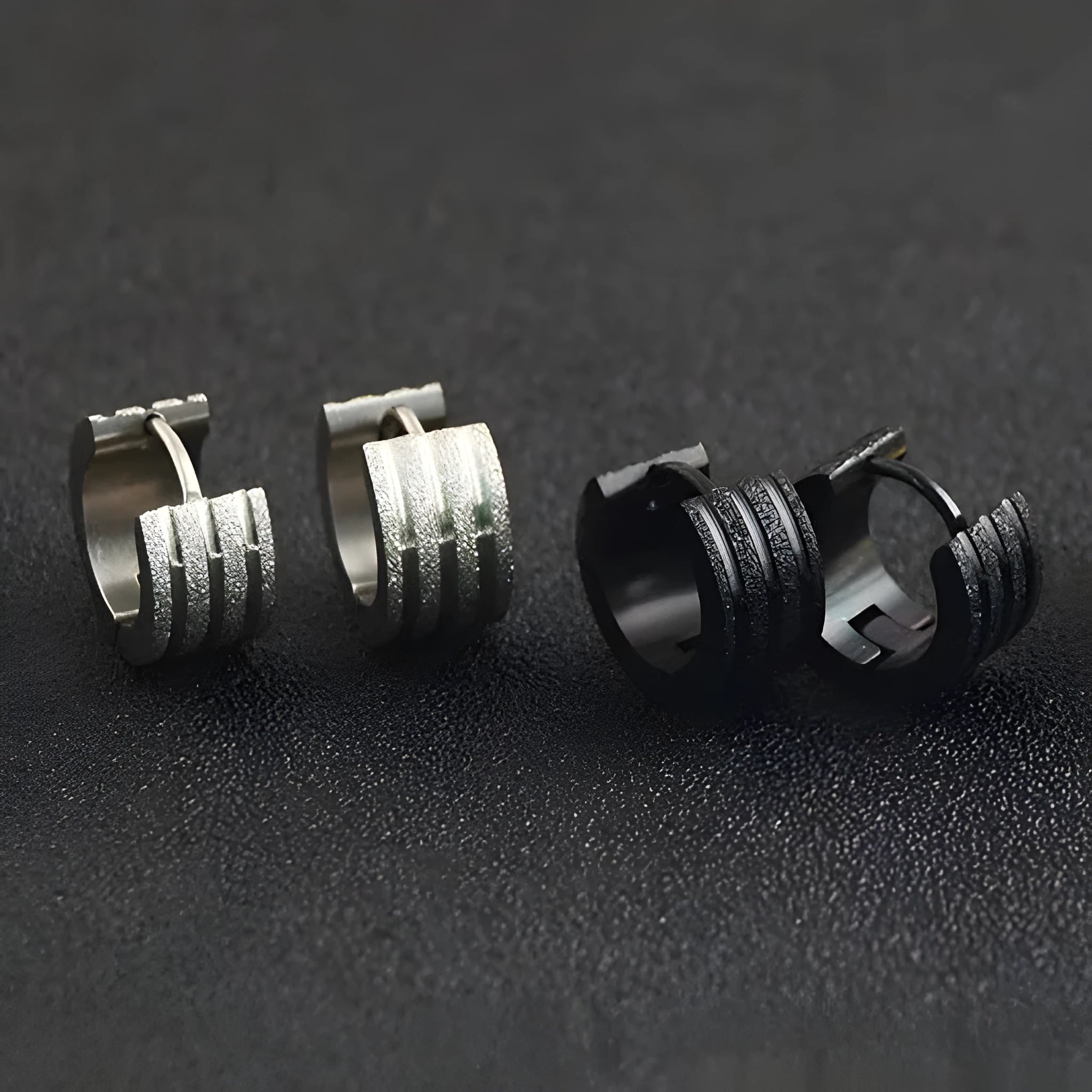 Titanium steel three-line frosted geometric earrings in black, gold or steel colours
