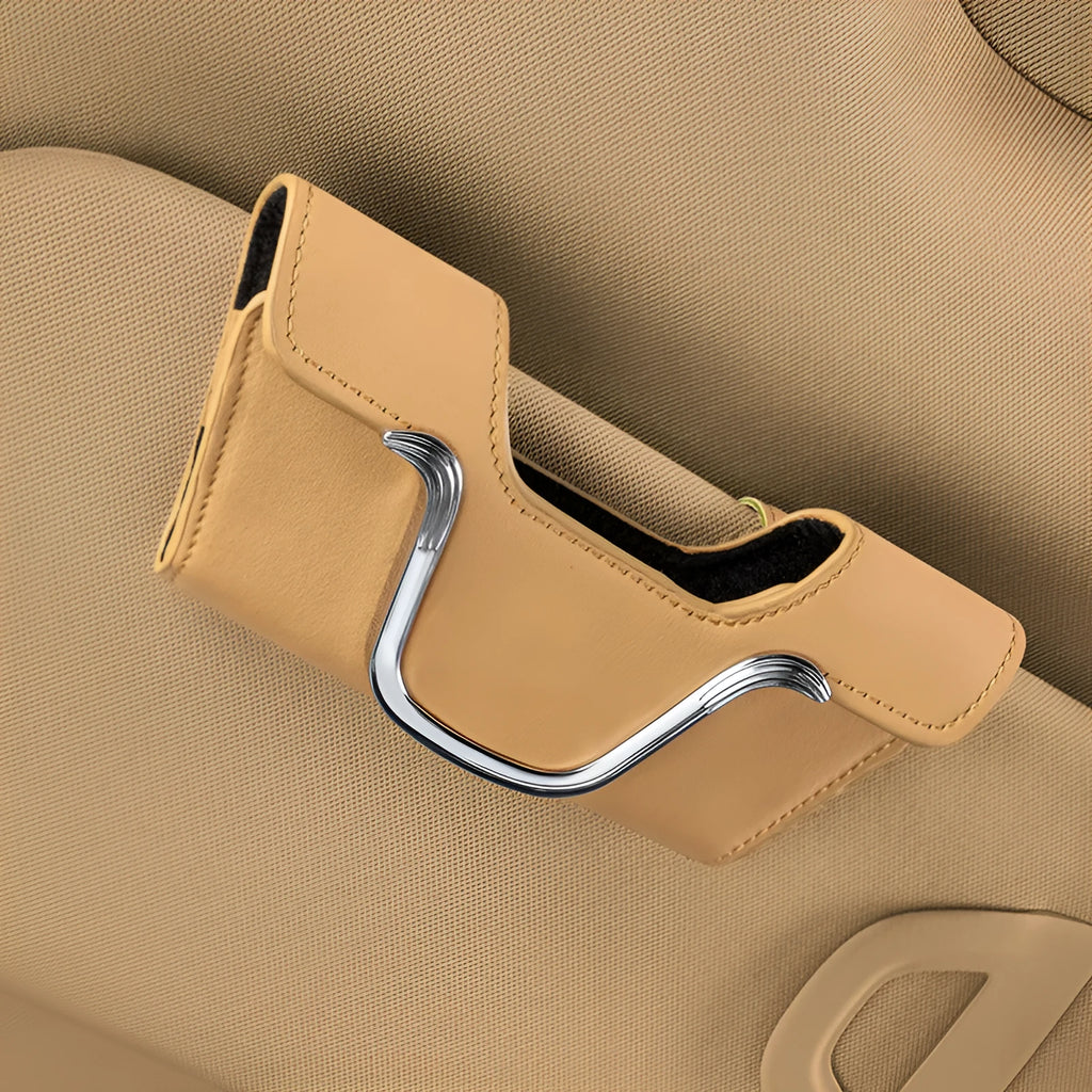Beige canvas car sun visor glasses case with sunglasses inside, measuring 8cm x 17.5cm