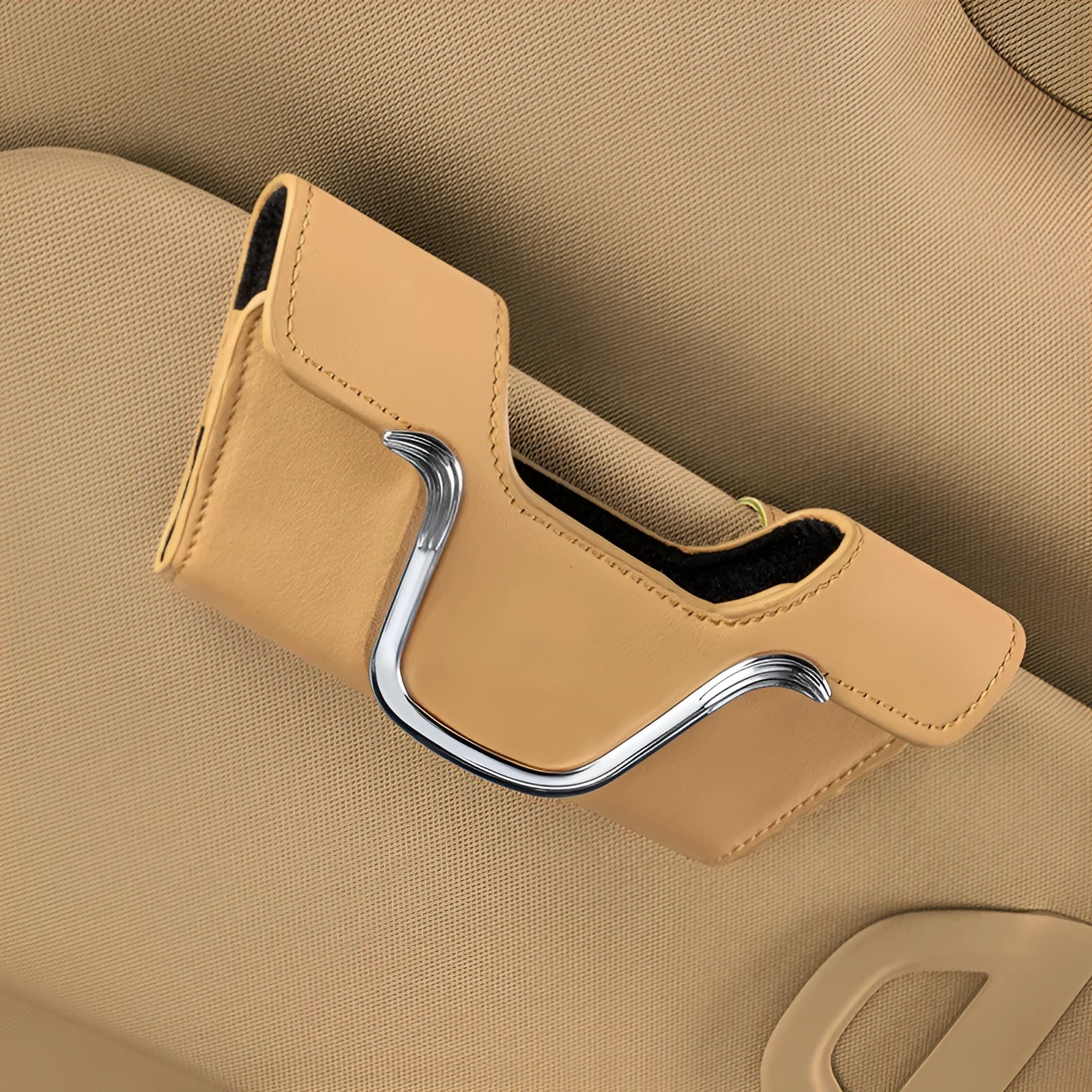 Beige canvas car sun visor glasses case with sunglasses inside, measuring 8cm x 17.5cm