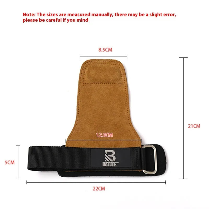 Brown neoprene wrist protector with a wide adjustable strap, shown on a wrist next to a pull-up bar.