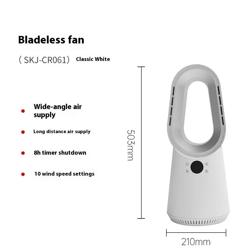 White bladeless tower fan with touch screen controls and remote for home or office use