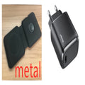 White foldable magnetic wireless charging dock with a phone attached and earbud case on the base.