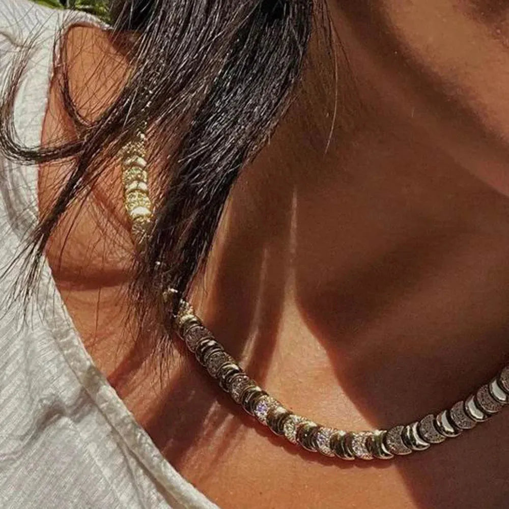 Women's gold moon zircon pendant necklace and bracelet set on chain, 41cm and 17cm