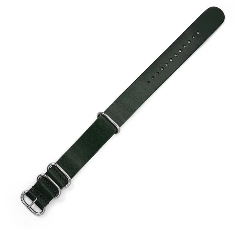 Five-ring cowhide burst crack crazy horse oil watch strap in black, brown, and green, available in 18mm, 20mm, and 22mm widths