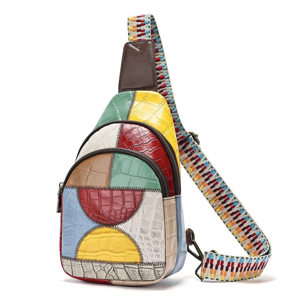 Genuine leather bohemian chest bag 17x10x27cm colour-blocked semicircle square street fashion