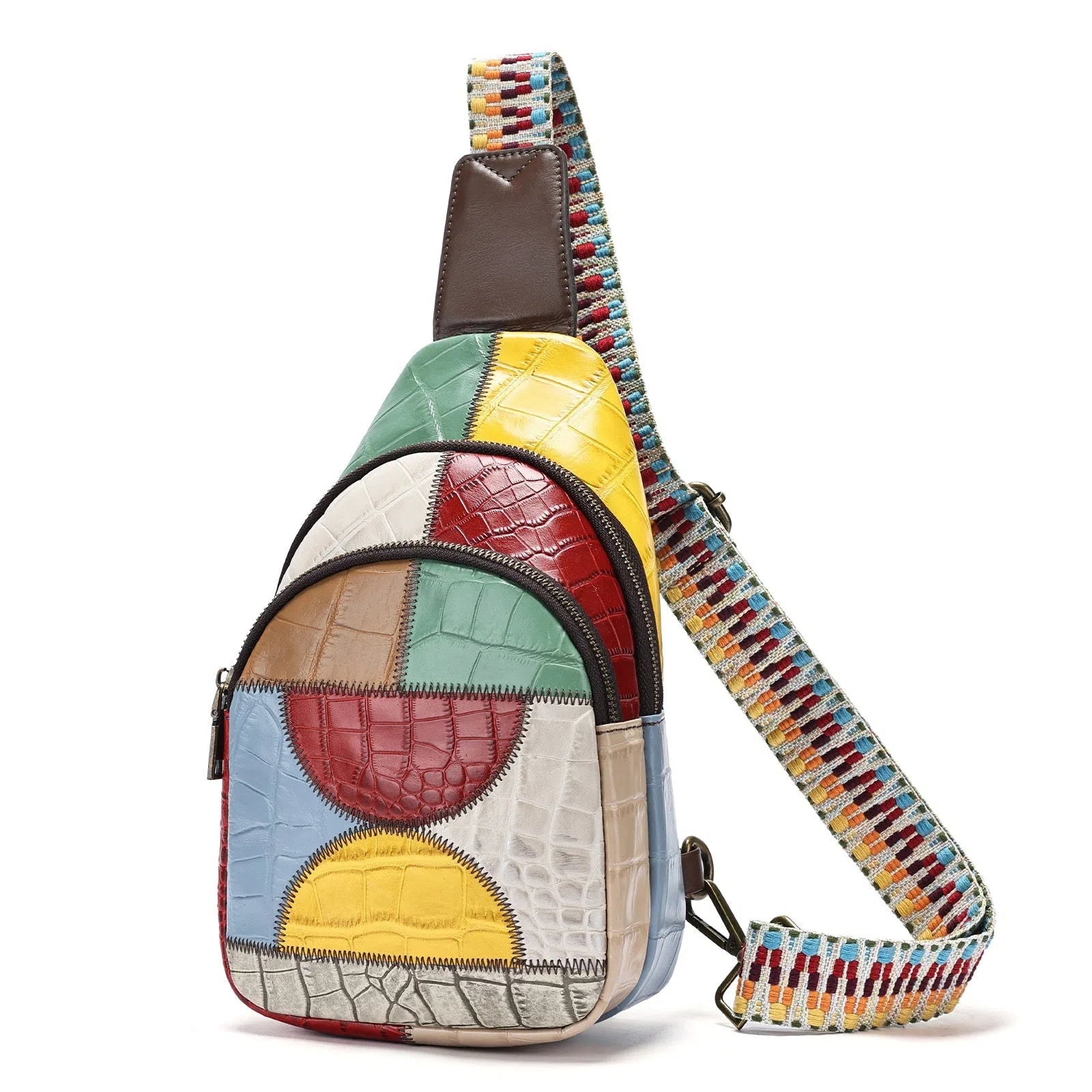 Genuine leather bohemian chest bag 17x10x27cm colour-blocked semicircle square street fashion