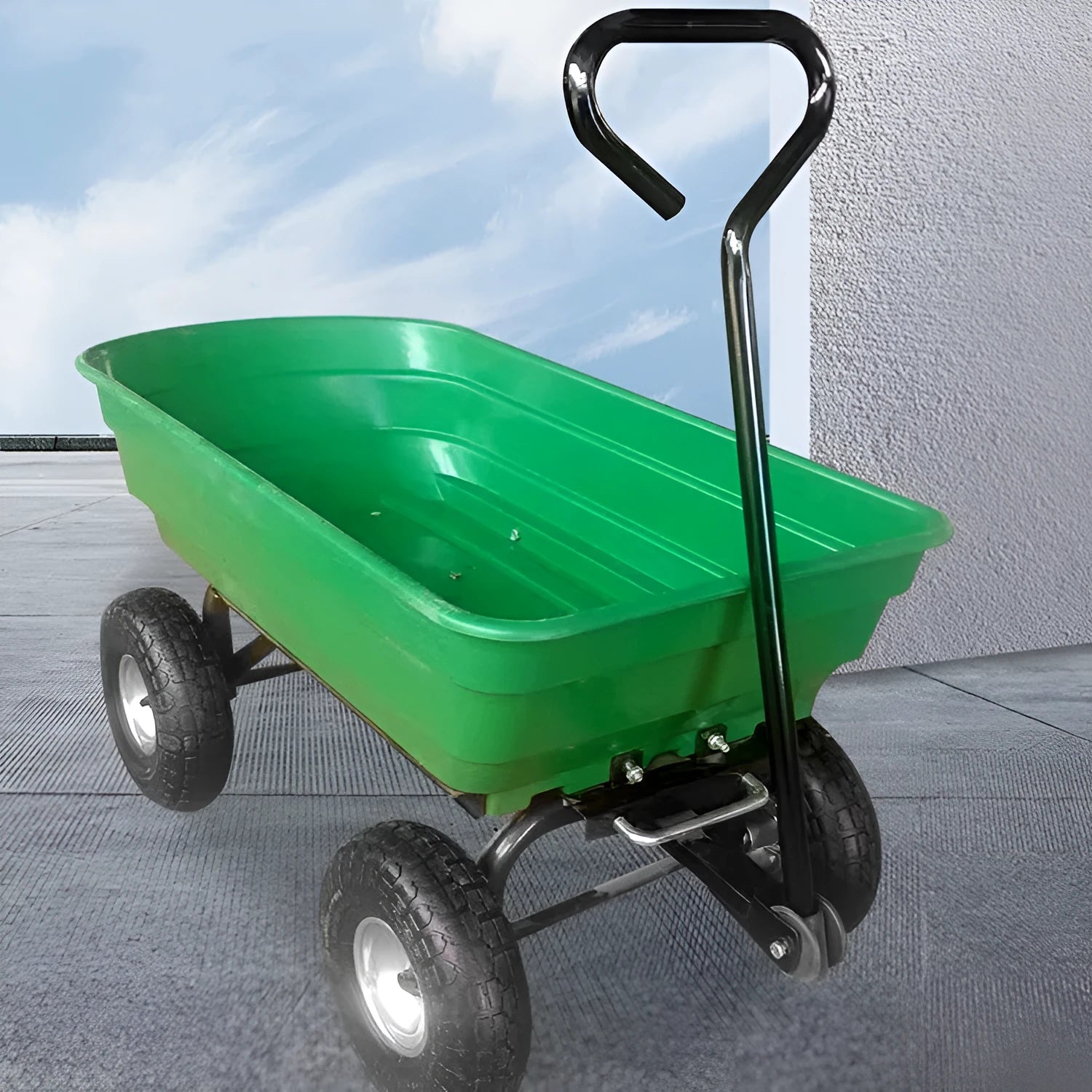 Green four-wheel plastic dump truck with steel PP construction and 350kg capacity