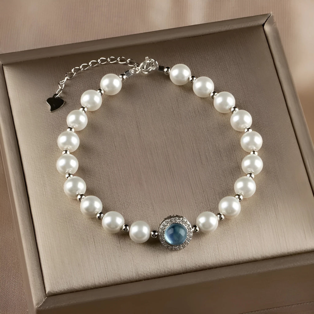 Aquamarine silver pearl bracelet with rhombus design, light luxury style, 3mm or 6mm size, electroplated finish