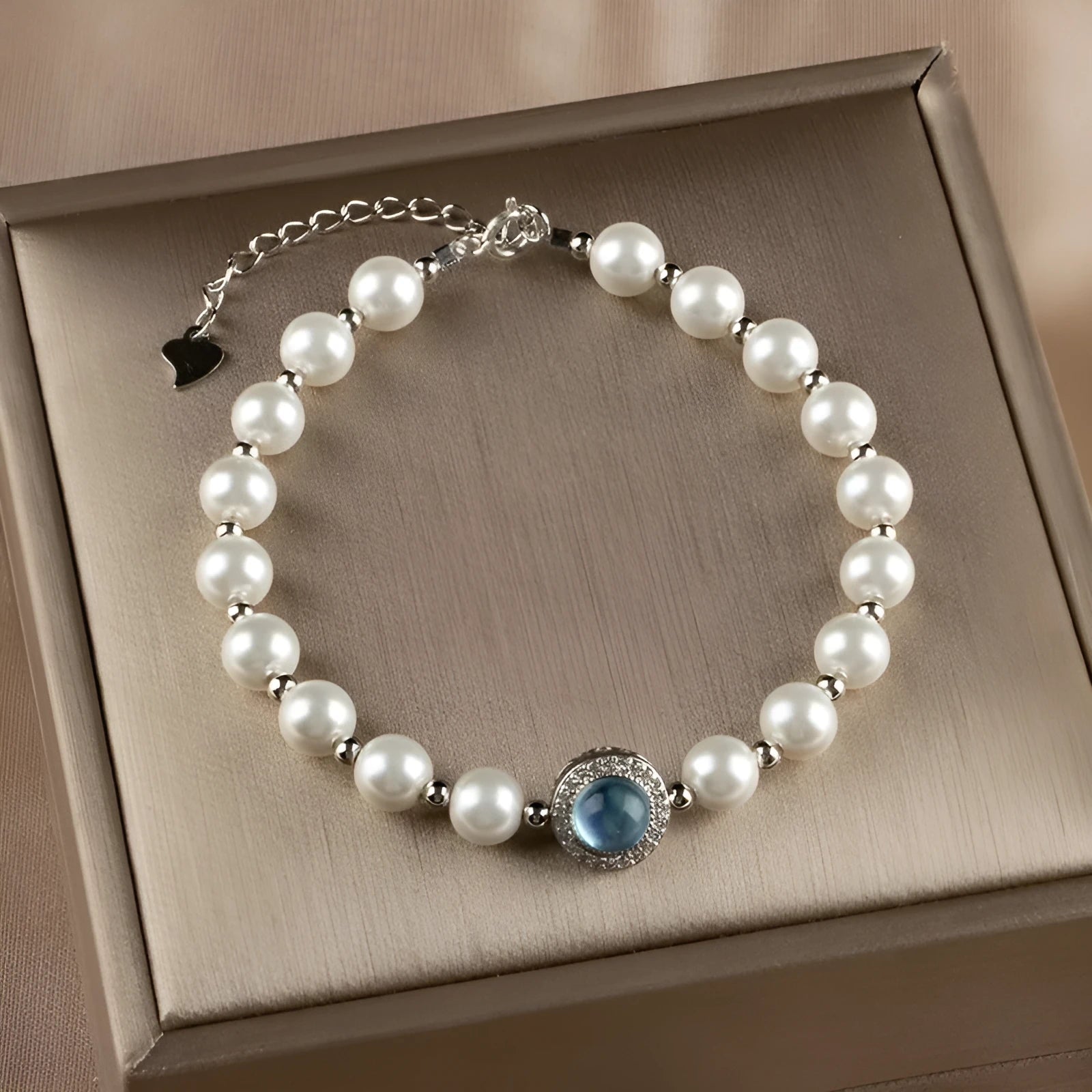 Aquamarine silver pearl bracelet with rhombus design, light luxury style, 3mm or 6mm size, electroplated finish