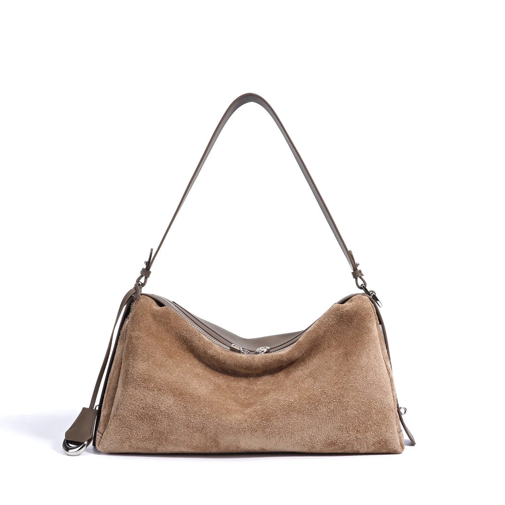 Cowhide tote handbag in chocolate, caramel or milk tea with single shoulder strap and internal file bag