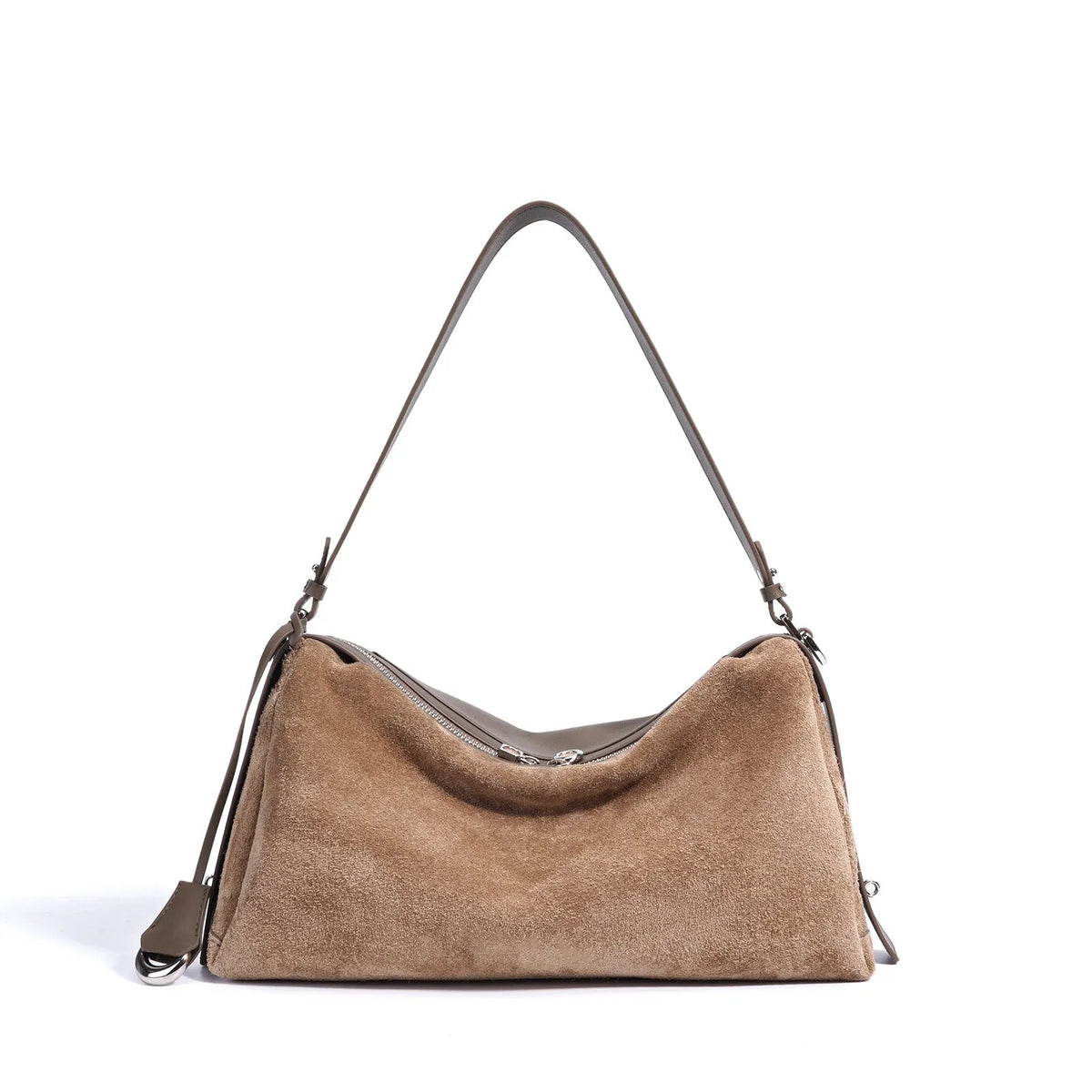 Cowhide tote handbag in chocolate, caramel or milk tea with single shoulder strap and internal file bag