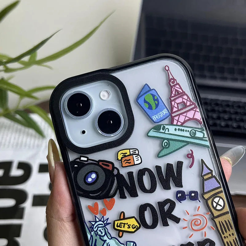 Free Travel acrylic hard phone case with travel ticket print compatible with iPhone 11 to 16 Pro Max