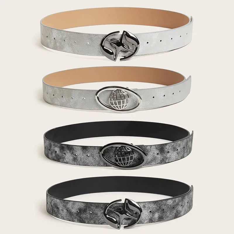 Retro oval buckle women's belt in thick PU leather with antique alloy fastener