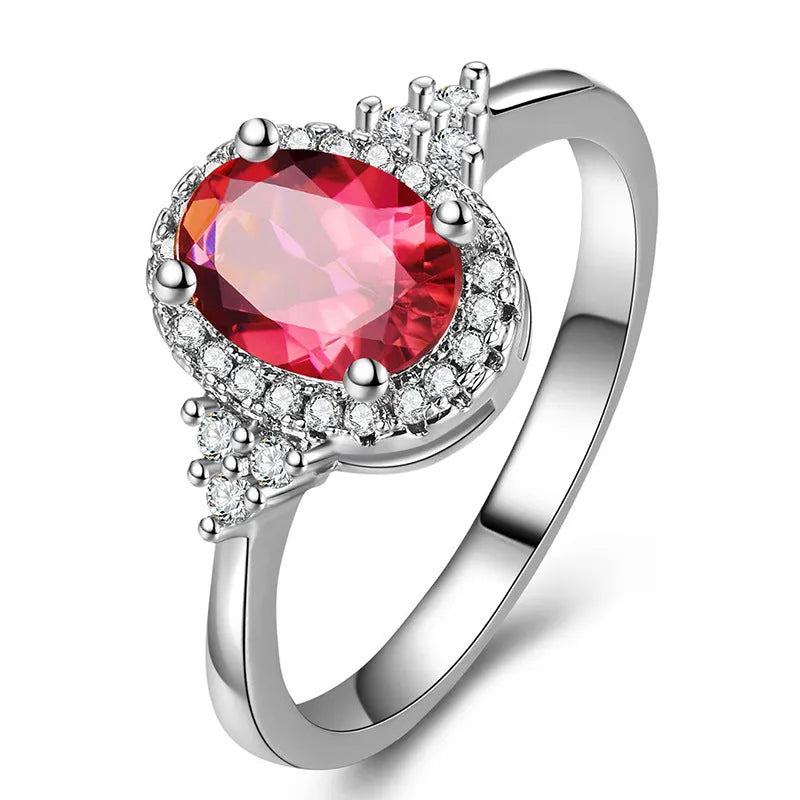 Ruby oval shape open mouth adjustable ring for women, copper white gold finish, sizes No.6 to No.10