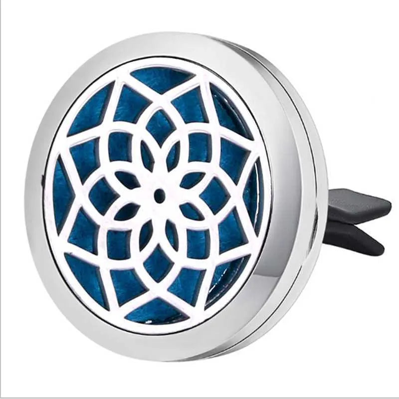 Round stainless steel car air vent perfume clip in steel colour option with love pattern, 30mm outer diameter