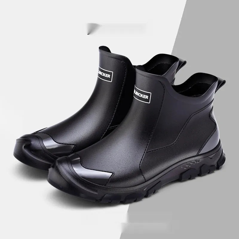 Low tube PVC rain boots with plastic soles in multiple colour options