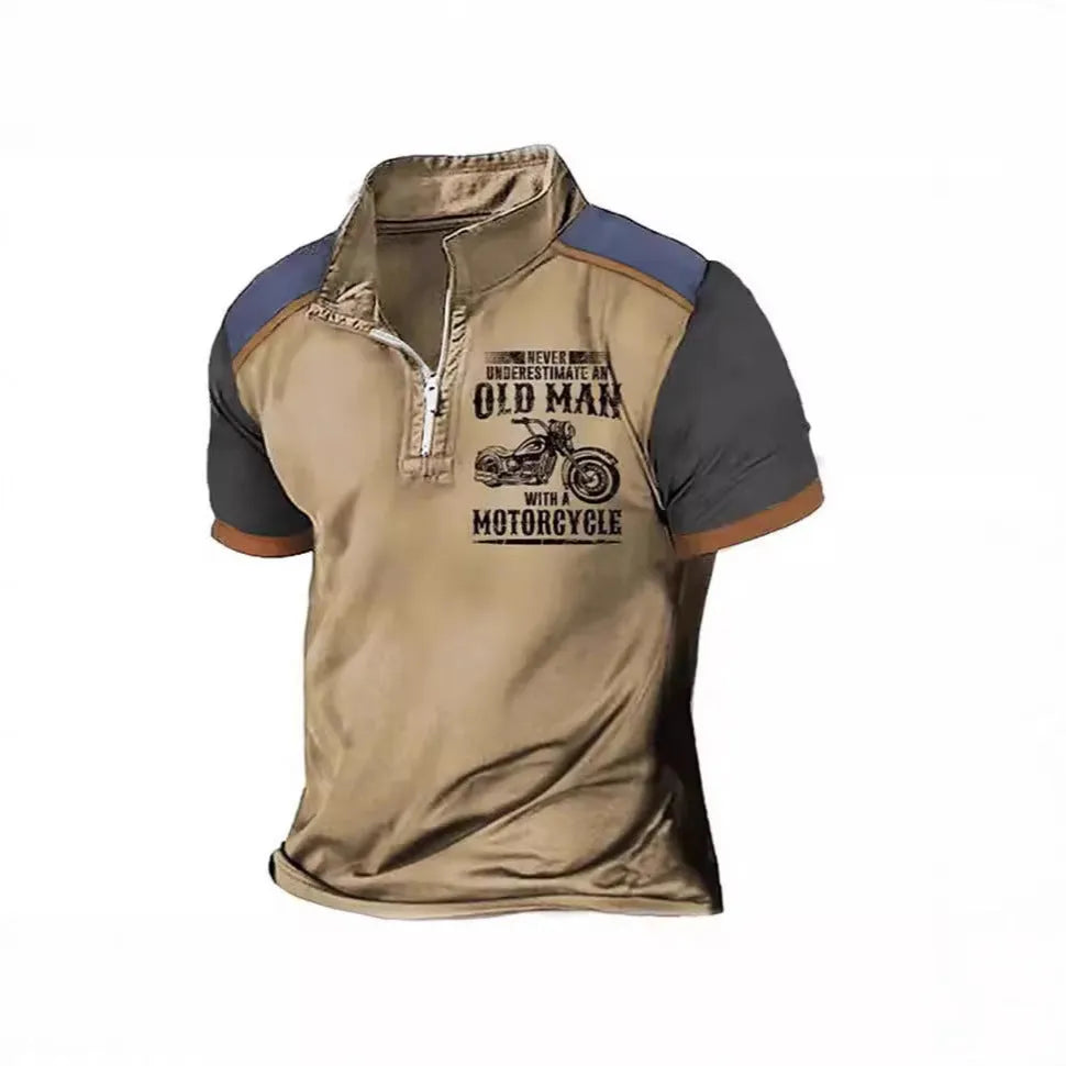 Men's casual polo shirt with lapel collar and black letter digital printing on chest.