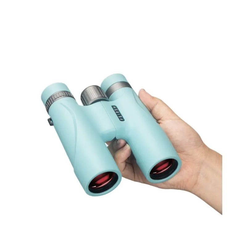 Blue or grey coloured 10x32 compact binoculars with wine red film imaging.