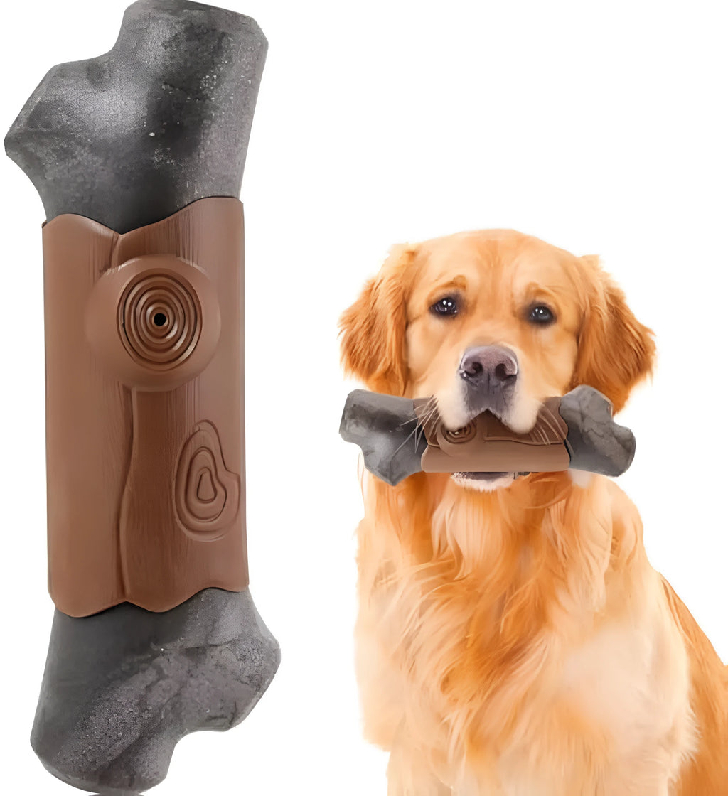 Branch-shaped nylon dog chew toy with bacon flavour and squeaker for large dogs.