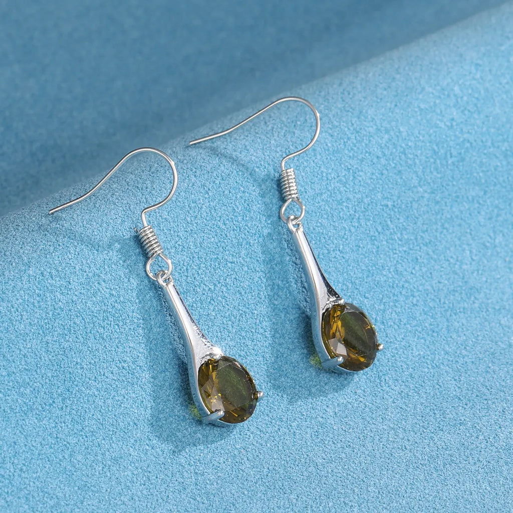 Olive green topaz drop earrings with water drop shape and electroplated alloy construction