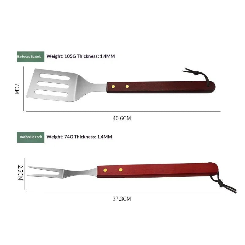 BBQ tool set with stainless steel shovel, fork and tongs with wooden handles