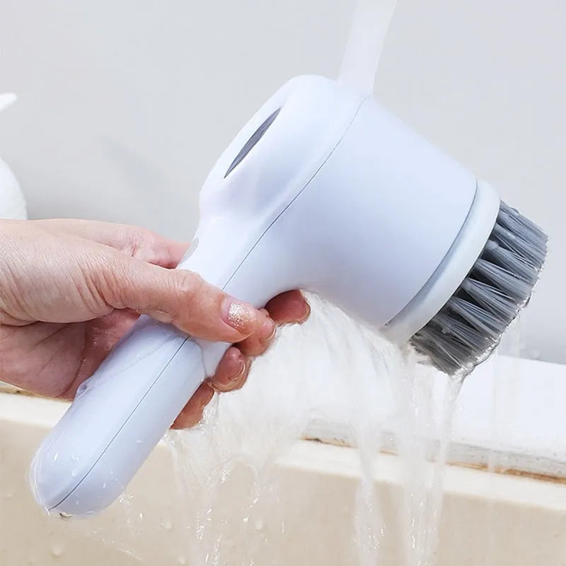 USB rechargeable electric cleaning brush in light grey or purple colour with multiple cleaning head attachments
