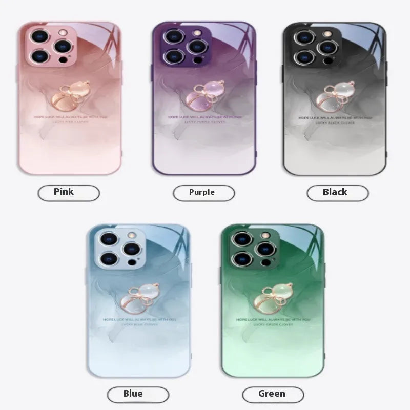 Tempered glass phone case with watercolour blooming gourd pattern and metallic paint lens for iPhone
